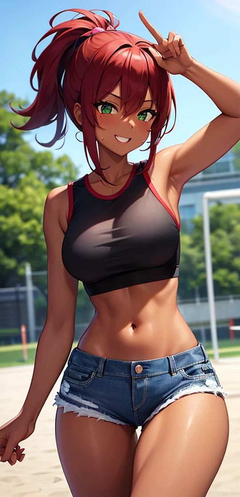 masterpiece:1.3、Ultra-high resolution:1.3、8K、Miss、Solitary:1.3、Red Hair、Ponytail,Dark skin,Green eyes、dark skin,Ponytail、Short vest,Cropped jeans、sports shoes、outdoor、Light pointing、Really hydrated skin、stuffy、wet,Bright picture,lively expression,Dynamic poses,Fitness figure,freckle,脸上有freckle，Playground in school,A vibrant smile,Lively girl