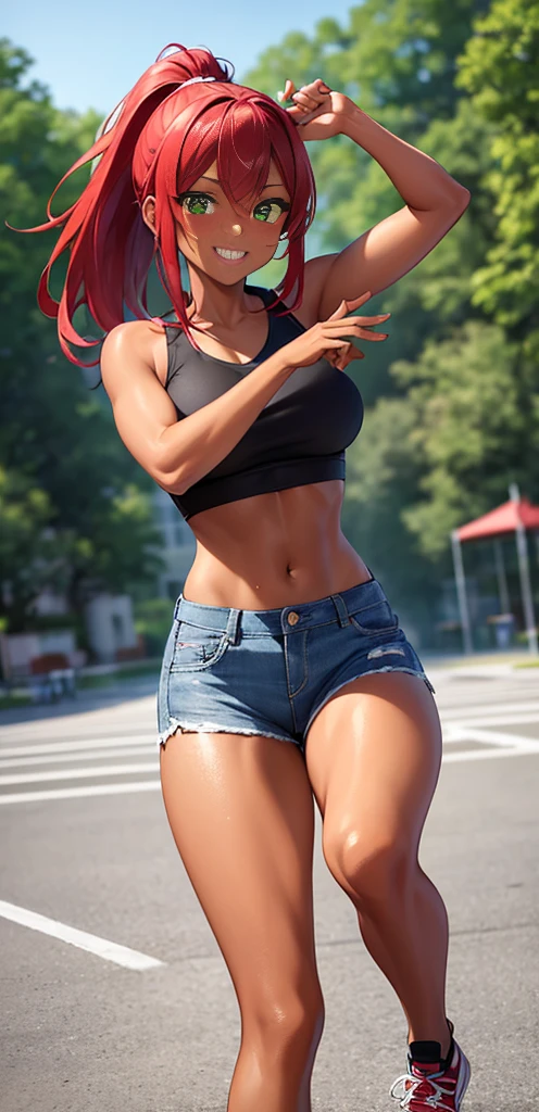 masterpiece:1.3、Ultra-high resolution:1.3、8K、Miss、Solitary:1.3、Red Hair、Ponytail,Dark skin,Green eyes、dark skin,Ponytail、Short vest,Cropped jeans、sports shoes、outdoor、Light pointing、Really hydrated skin、stuffy、wet,Bright picture,lively expression,Dynamic poses,Fitness figure,freckle,脸上有freckle,Playground in school,A vibrant smile,Lively girl