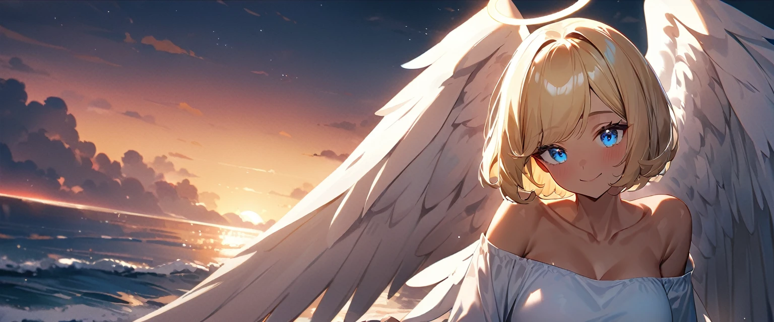 (((One girl))), full body, ((tanned skin)), flying in the sky, bare legs, ((angel, big big white wings:1.2, halo:1.3)), ((wavy hair)), evening, Sunset, sea, beach, ((blond hair, bob cut:1.3)), big breasts, ager, (looking at viewer), oversized clothes, puffy long sleeves, collarbone, ((off-shoulder sweater dress:1.3, Quite thick shoulder straps)), (((sleeves past wrists:1.3))), ((white sweater)), collarbone, head tilt:1.3, (((blue eye))), ((happy smile)), (((anime style))), (best quality, 4K, 8K, highres, masterpiece:1.2, ultra-detailed, ultra-detailed eyes, HDR, uhd, studio lighting, ultra-fine painting, sharp focus, physically-based rendering, extreme detail description, professional, vivid colors, bokeh), ((Highest quality, Best image quality, Ultra-high resolution, Ultra-high resolution, solo, Strong eye highlights)), Depth of written boundary, Natural soft light, attractive, Beautiful Face, Cleanliness, Pure Face, medium chest, Beautiful Face, Perfect Fingers, Perfect hands, Perfect body, Perfect Face, Shine a light into your eyes, Perfect Anatomy