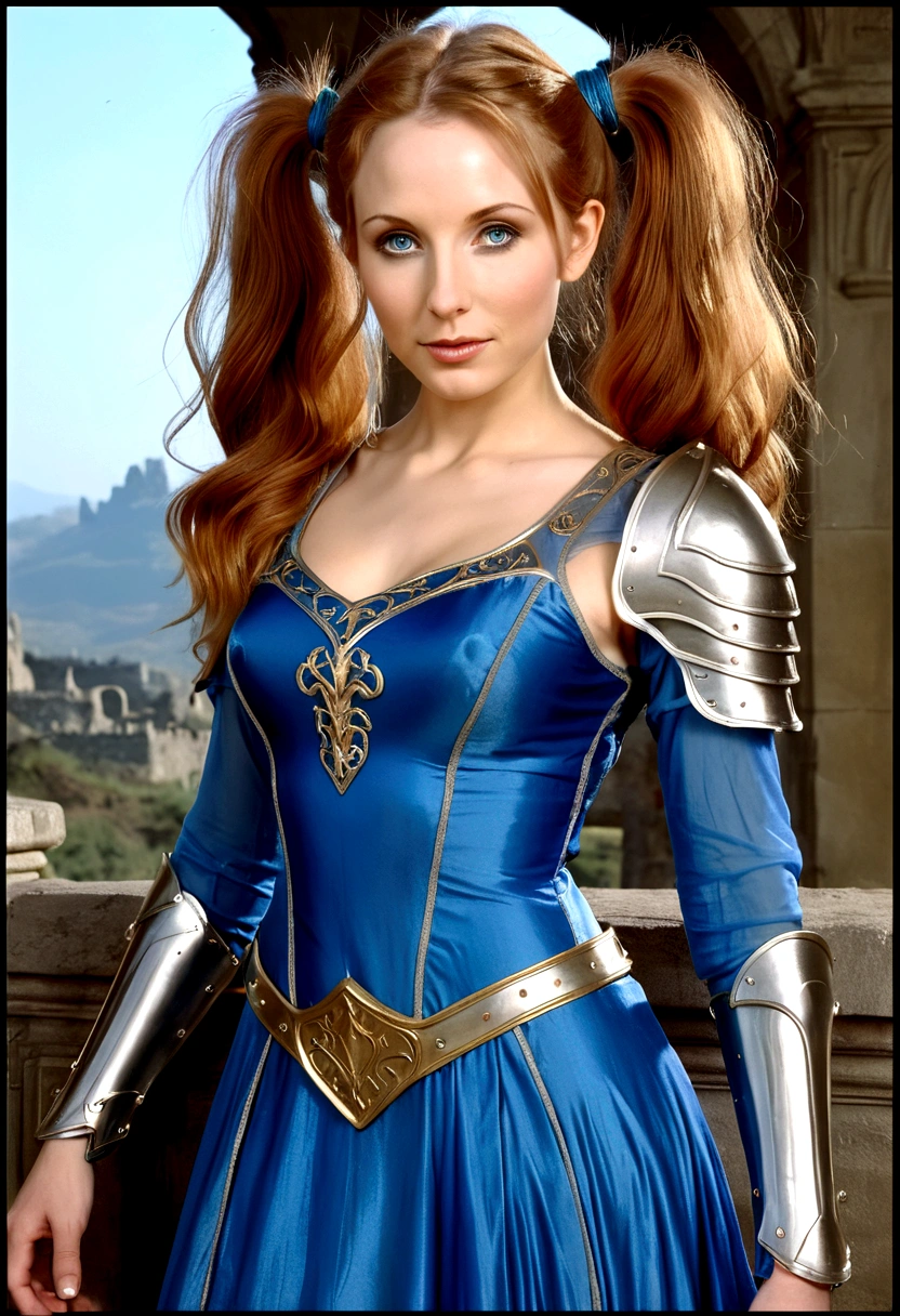 Gates McFadden (age 20) (young elven maiden, big hair, twintails, intricate sheer blue dress, mithril chest plate armor, mithril magic sword), chasing off some pesky kobolds, ruins
