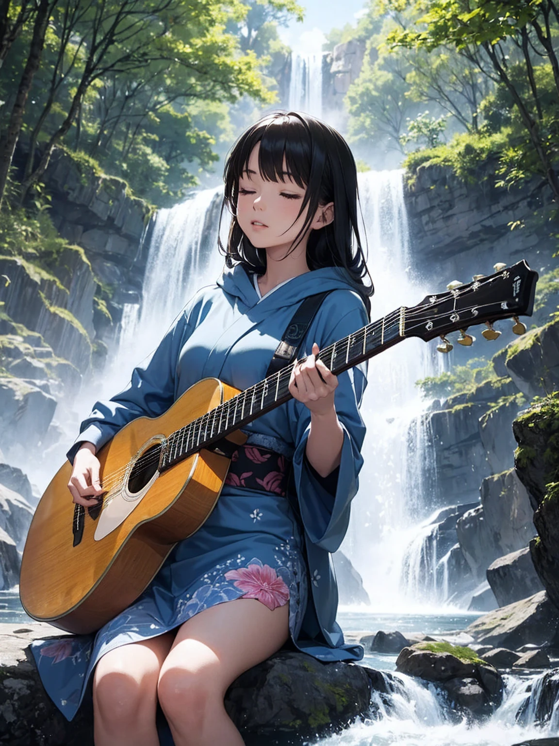 ((full shot))((long shot)) high quality, fantastic, mysterious, sunlight filtering through trees, ((alone))(huge waterfall), sitting playing guitar, eyes closed, playing, one woman guitarist, woman in Japanese kimono, wearing hoodie, bright pattern on kimono, cool woman, fantastic, ,long black hair, Japanese pattern guitar
