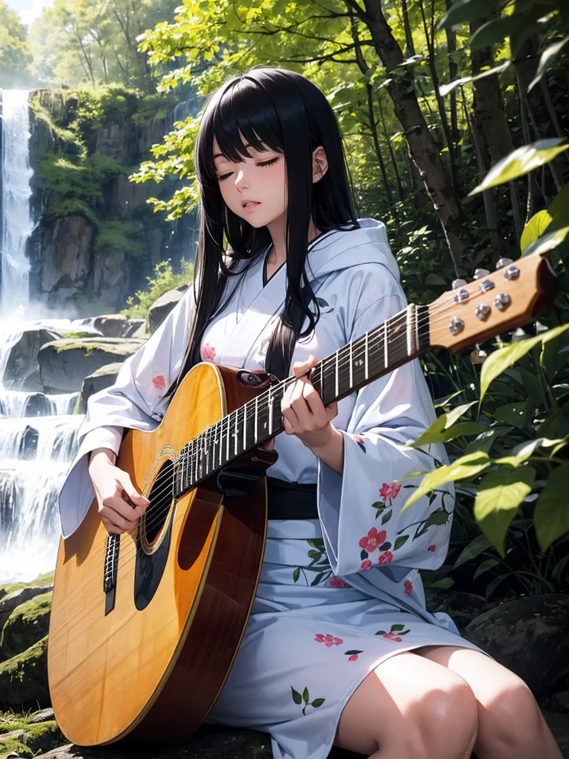 ((full shot))((long shot)) high quality, fantastic, mysterious, sunlight filtering through trees, ((alone))(huge waterfall), sitting playing guitar, eyes closed, playing, one woman guitarist, woman in Japanese kimono, wearing hoodie, bright pattern on kimono, cool woman, fantastic, ,long black hair, Japanese pattern guitar
