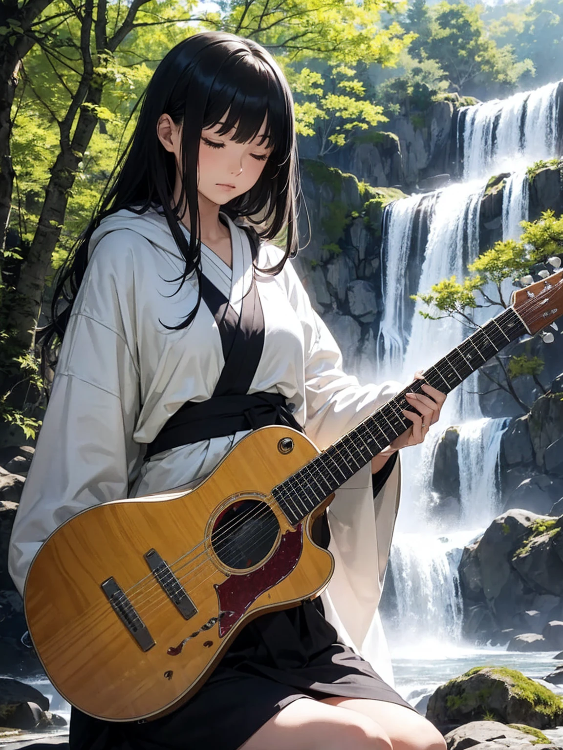 ((full shot))((long shot)) high quality, fantastic, mysterious, sunlight filtering through trees, ((alone))(huge waterfall), sitting playing guitar, eyes closed, playing, one woman guitarist, woman in Japanese kimono, wearing hoodie, bright pattern on kimono, cool woman, fantastic, ,long black hair, Japanese pattern guitar