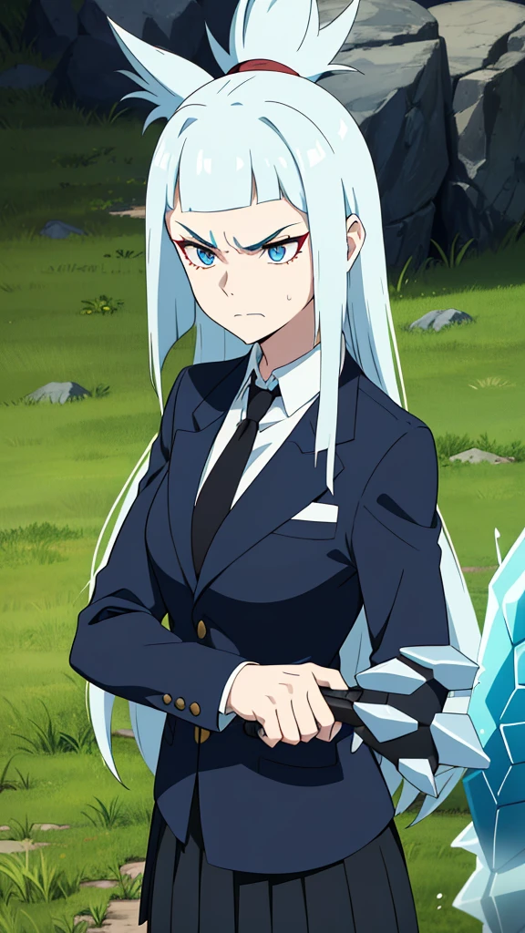 1girl ,solo,20s,mature female,angry face,red hair,long hair,fox ears,(grass),shirt,black standard tie,blue blazer,long sleeves, black pleated skirt,(upper body),frosty white Skin , Icy white hair ,Glacial blue eyes,(((spyke hair)))