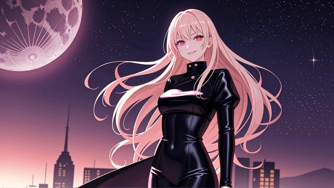 adult woman, pink eyes, long blonde hair, sexy black leather, smile, guitar, 4k hd, night city, moon