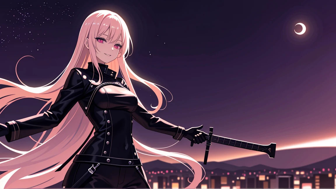 adult woman, pink eyes, long blonde hair, sexy black leather, smile, guitar, 4k hd, night city, moon