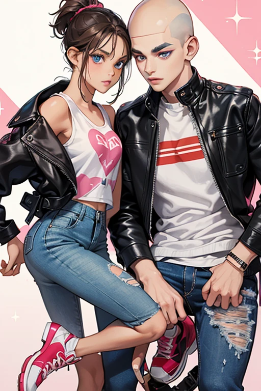 SHe has tan skin with blue eyes and dark hair with a bit of pink in it, She has a piercing in one of his eyebrows and one shaped shaved heart in the other and the side of his head shaved, She has a stripe sleeveless shirt under hER leather jacket and baggy jeans with red and white shoes on hER feet, SPARKLE; GLITTER