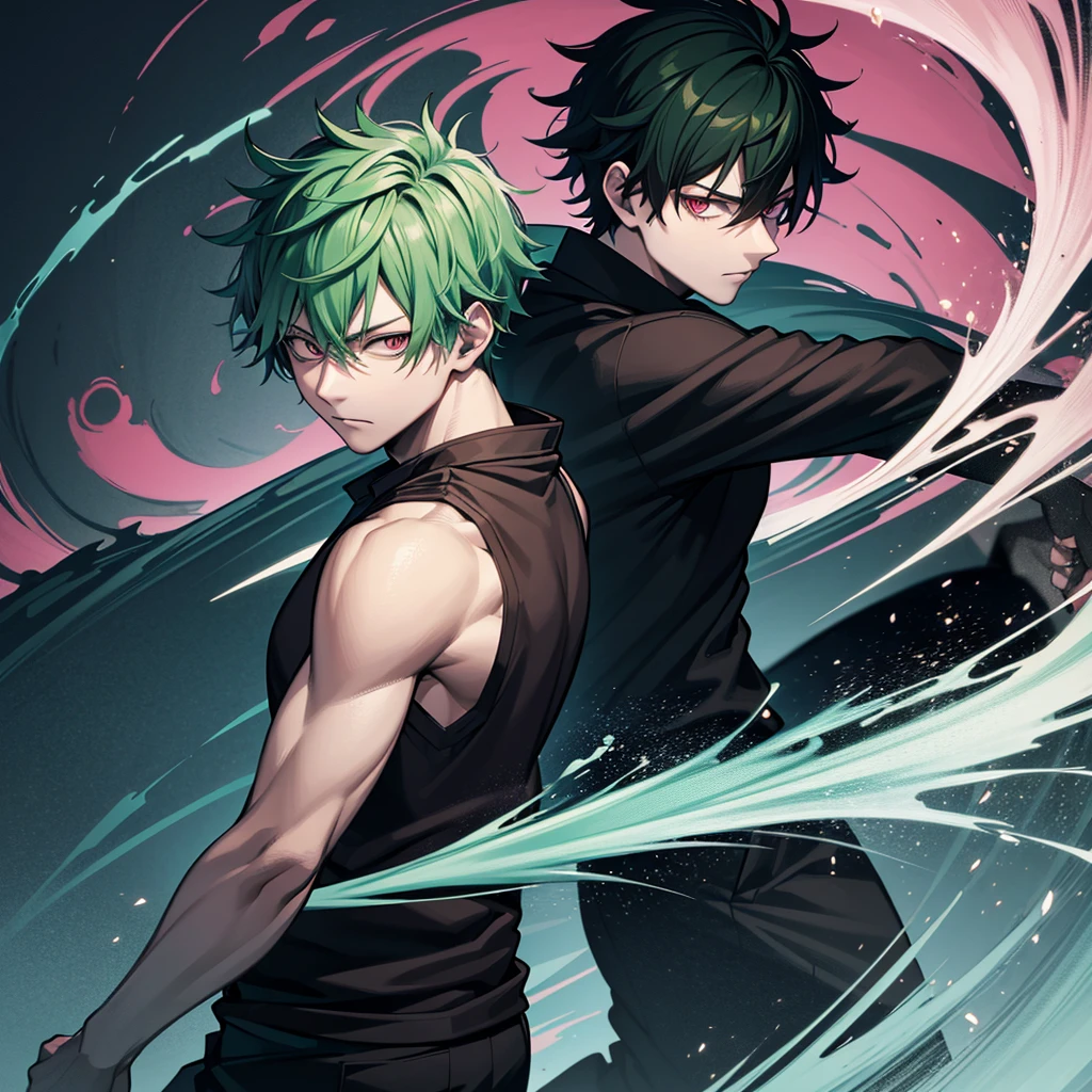 one japanese man, green wavy hair, pink eyes, high res, ultrasharp, masterpiece, jujutsu kaisen style