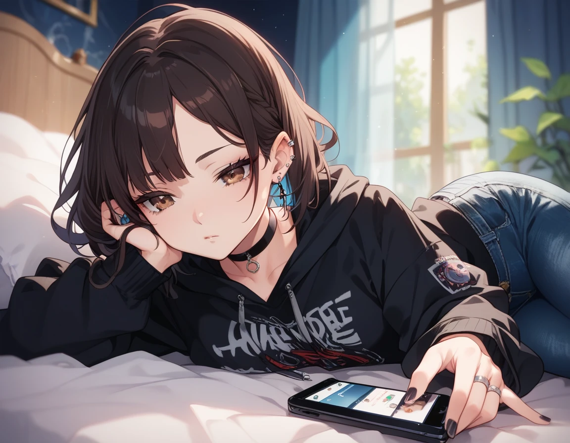 (8k, masterpiece, best quality, ultra-detailed, an extremely delicate and beautiful, official style, depth of field, highly detailed, very aesthetic, intricate, overall detail, perfect anatomy), (night, faint light), hotelroom, on bed, on side, looking at phone, okamoto condoms, , 1girl, solo, black hair, brown eyes, medium hair, half-closed eyes, eyeshadow, bored, faint lips, nail polish, black neils, (silver ring, multiple rings), cheek rest, (ear piercing, industrial piercing), black hoodie, hood, black choker, denim jeans, holding smart phone, gleaming skin