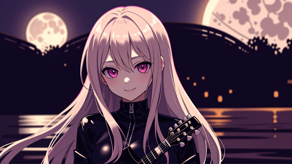 adult woman, pink eyes, long blonde hair, sexy black leather, smile, guitar, 4k hd, night city, moon