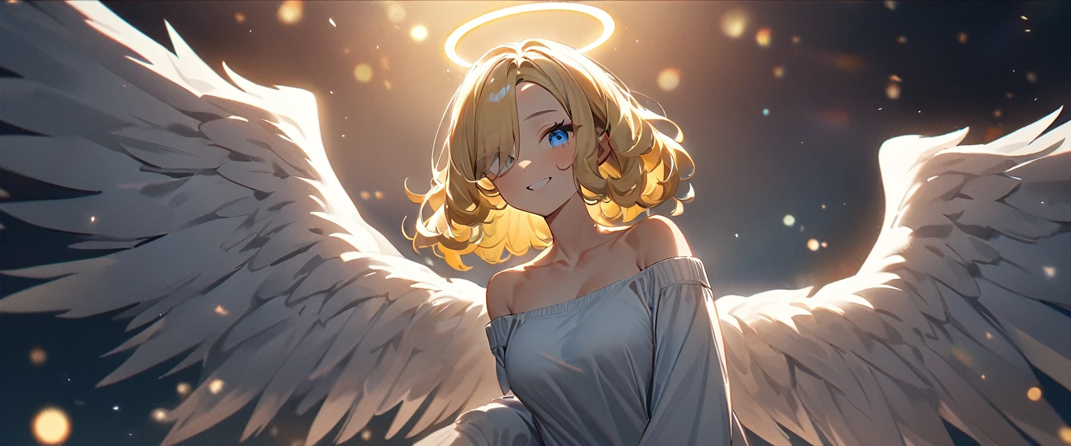 (((One girl))), full body, flying in the sky, bare legs, ((angel, big big white wings:1.2, halo:1.3)), Uriel, ((wavy hair, outward curled hair)), evening, Sunset, sea, beach, ((blond hair, bob cut:1.3)), big breasts, teenager, (looking at viewer), oversized clothes, puffy long sleeves, collarbone, ((off-shoulder sweater dress:1.3, Quite thick shoulder straps)), (((sleeves past wrists:1.3))), ((white sweater)), collarbone, head tilt:1.3, (((blue eye))), ((happy smile)), (((anime style))), (best quality, 4K, 8K, highres, masterpiece:1.2, ultra-detailed, ultra-detailed eyes, HDR, uhd, studio lighting, ultra-fine painting, sharp focus, physically-based rendering, extreme detail description, professional, vivid colors, bokeh), ((Highest quality, Best image quality, Ultra-high resolution, Ultra-high resolution, solo, Strong eye highlights)), Depth of written boundary, Natural soft light, attractive, Beautiful Face, Cleanliness, Pure Face, medium chest, Beautiful Face, Perfect Fingers, Perfect hands, Perfect body, Perfect Face, Shine a light into your eyes, Perfect Anatomy