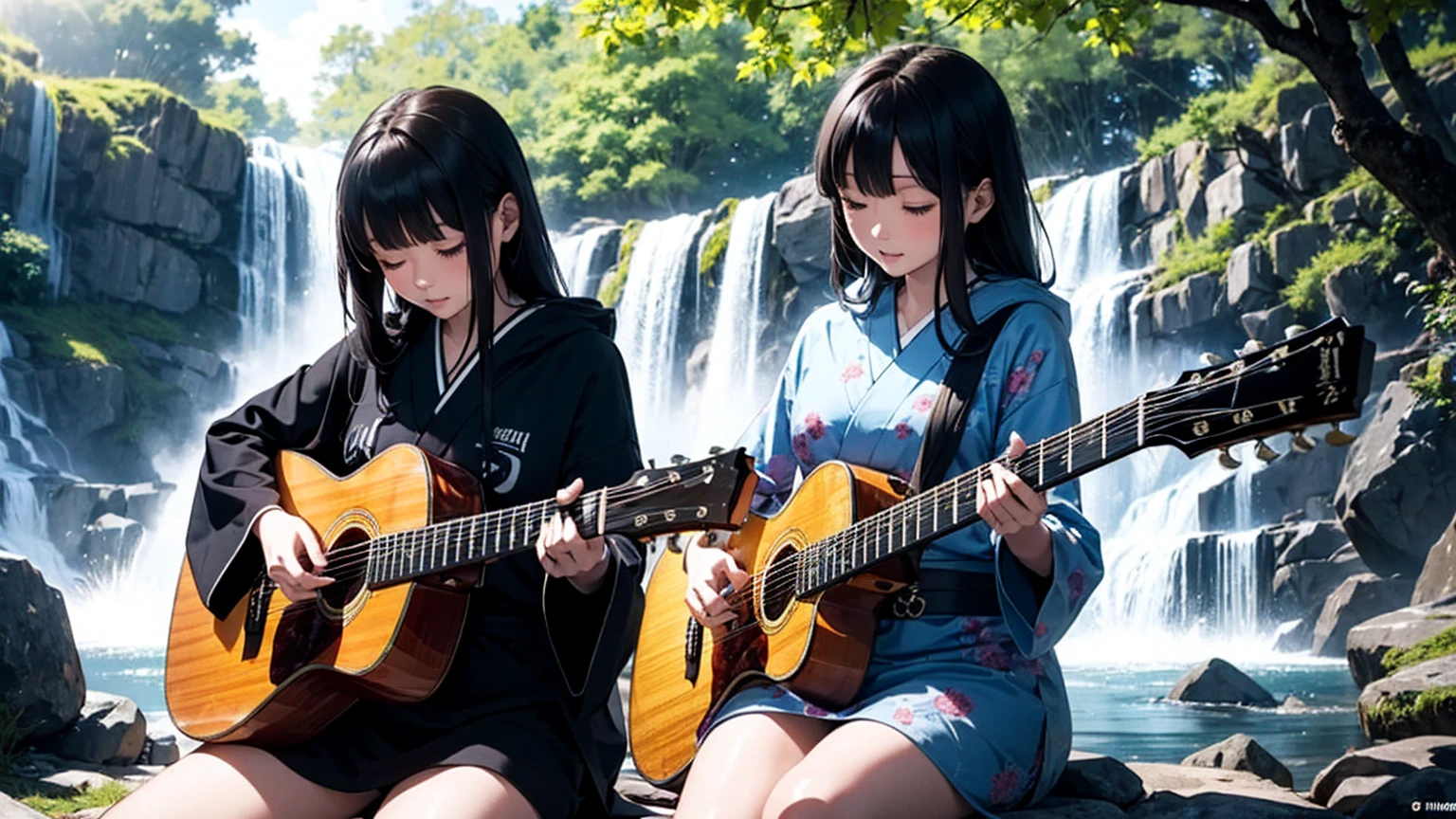 ((full shot))((long shot)) high quality, fantastic, mysterious, sunlight filtering through trees, ((alone))(huge waterfall), sitting playing guitar, eyes closed, playing, one woman guitarist, woman in Japanese kimono, wearing hoodie, bright pattern on kimono, cool woman, fantastic, ,long black hair, Japanese pattern guitar