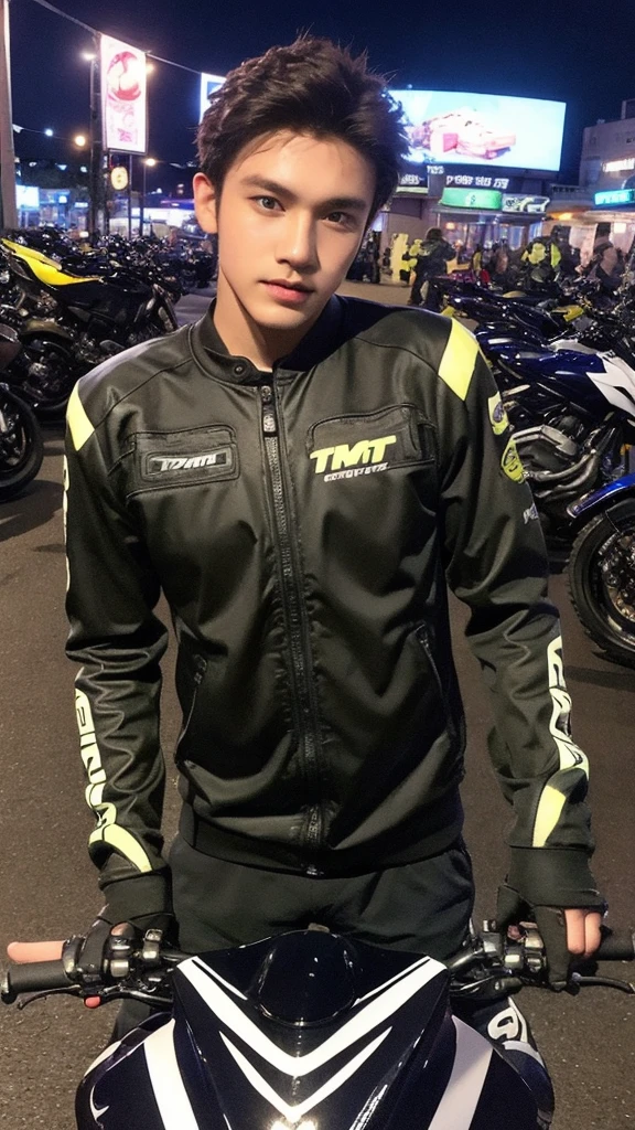 young man on mt 03 motorcycles 8K,best quality, ultra high resolution, insta story, shot by iphone camera, night, black hair