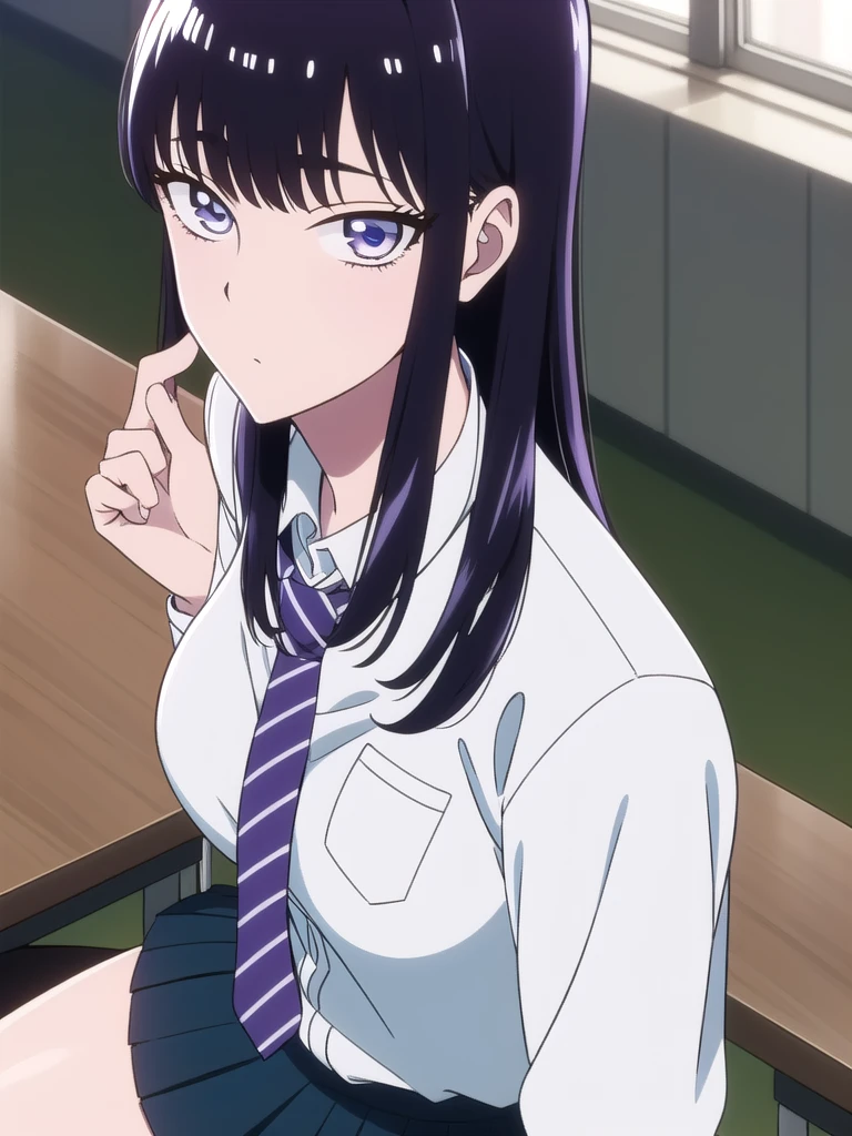 show off nipples,large breasts,akiratachibana, akira tachibana, long hair, bangs, black hair, (purple eyes:1.1),
BREAK skirt, shirt, , white shirt, pleated skirt, necktie, striped, collared shirt, blue skirt, striped necktie,
BREAK looking at viewer,
BREAK indoors, classroom,
BREAK (masterpiece:1.2), best quality, high resolution, unity 8k wallpaper, (illustration:0.8), (beautiful detailed eyes:1.6), extremely detailed face, perfect lighting, extremely detailed CG, (perfect hands, perfect anatomy),