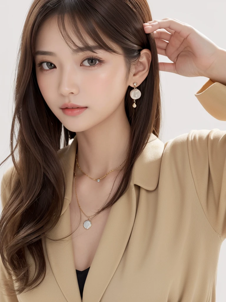 ((Highest quality, 8K, masterpiece:1.3)), concentrate: 1.2, Perfect body beauty: 1.4, Hips: 1.2, ((Long Hair, chest: 1.2)), (Dry clothes: 1.1) , (clear, Simple Background:1.3), Simple clothes: 1.1, Highly detailed face and skin texture,Delicate eyes, double eyelid, Whitened skin, Rough skin、Long Hair、Earrings with bangs、necklace、 solo、Beige coat、White shirt, (((Beautiful girl with cute Japan)))、 ((Beautiful Japanese girl 20 years old))、 ((Baby Face))、 (((Slender body)))、 Upper Body,Face focus、necklace,Simple Background,From above, Realistic Hair、 A photograph was taken:Canon EOS R6、135mm、1/1250 seconds、f2.8、ISO400、(Detailed explanation of the hand)、(Masseter muscle area)、(Exquisite CG)、Long Hair, loose and curly hair、Korean Hair、Long Hair明るいベージュ色、グラデーションハイライトグレージュのゆるふわLong Hairスタイル、
