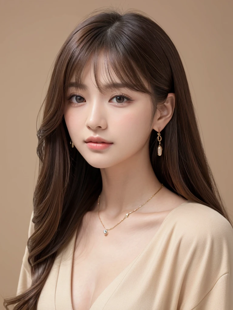 ((Highest quality, 8K, masterpiece:1.3)), concentrate: 1.2, Perfect body beauty: 1.4, Hips: 1.2, ((Long Hair, chest: 1.2)), (Dry clothes: 1.1) , (clear, Simple Background:1.3), Simple clothes: 1.1, Highly detailed face and skin texture,Delicate eyes, double eyelid, Whitened skin, Rough skin、Long Hair、Earrings with bangs、necklace、 solo、Beige coat、White shirt, (((Beautiful girl with cute Japan)))、 ((Beautiful Japanese girl 20 years old))、 ((Baby Face))、 (((Slender body)))、 Upper Body,Face focus、necklace,Simple Background,From above, Realistic Hair、 A photograph was taken:Canon EOS R6、135mm、1/1250 seconds、f2.8、ISO400、(Detailed explanation of the hand)、(Masseter muscle area)、(Exquisite CG)、Long Hair, loose and curly hair、Korean Hair、Long Hair明るいベージュ色、グラデーションハイライトグレージュのゆるふわLong Hairスタイル、