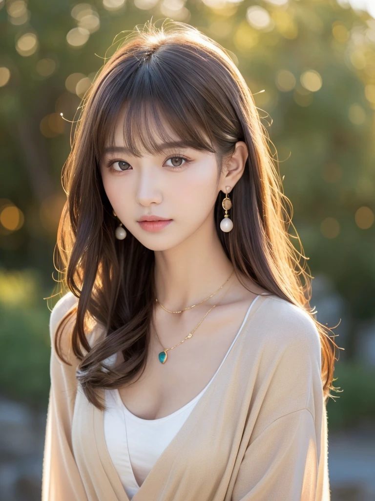 ((Highest quality, 8K, masterpiece:1.3)), concentrate: 1.2, Perfect body beauty: 1.4, Hips: 1.2, ((Long Hair, chest: 1.2)), (Dry clothes: 1.1) , (clear, Simple Background:1.3), Simple clothes: 1.1, Highly detailed face and skin texture,Delicate eyes, double eyelid, Whitened skin, Rough skin、Long Hair、Earrings with bangs、necklace、 solo、Beige coat、White shirt, (((Beautiful girl with cute Japan)))、 ((Beautiful Japanese girl 20 years old))、 ((Baby Face))、 (((Slender body)))、 Upper Body,Face focus、necklace,Simple Background,From above, Realistic Hair、 A photograph was taken:Canon EOS R6、135mm、1/1250 seconds、f2.8、ISO400、(Detailed explanation of the hand)、(Masseter muscle area)、(Exquisite CG)、Long Hair, loose and curly hair、Korean Hair、Long Hair明るいベージュ色、グラデーションハイライトグレージュのゆるふわLong Hairスタイル、