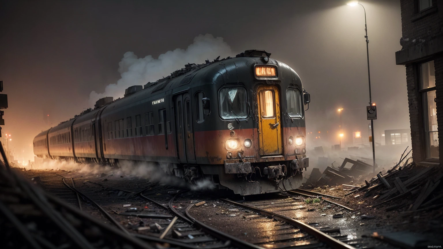 (Night, Dark, terrible, Ghastly, dreariness:1.9), (foggy:1.7), (There is a railway nearby:1.5), (Dilapidated trains on railways:1.6), (Chaotic and dirty alleys:1.3), ((((Multi-storey and complex buildings)))), (Dilapidated building:1.6), (brick walls:1.3), (Ray tracing, The lighting is correct:1.8), (Photorealistic:2), ((hyper HD, tmasterpiece, Super detail, offcial art)), (horde of zombies:1.0)