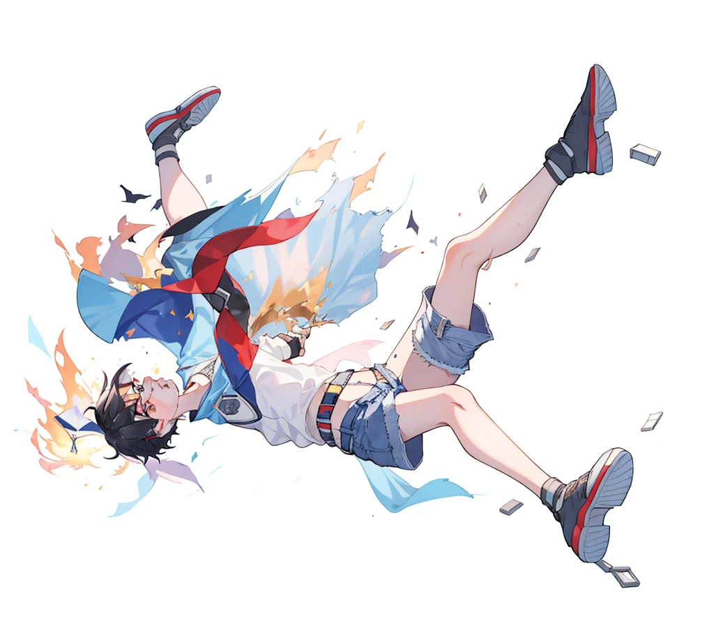 1 boy, 18 years old, cape, bermuda shorts, falling,