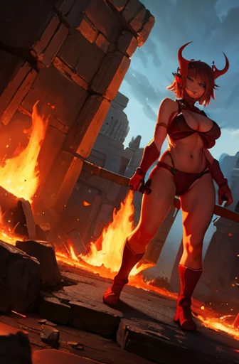 Goblin Girl, red, fores, ruins, large breasts, fire