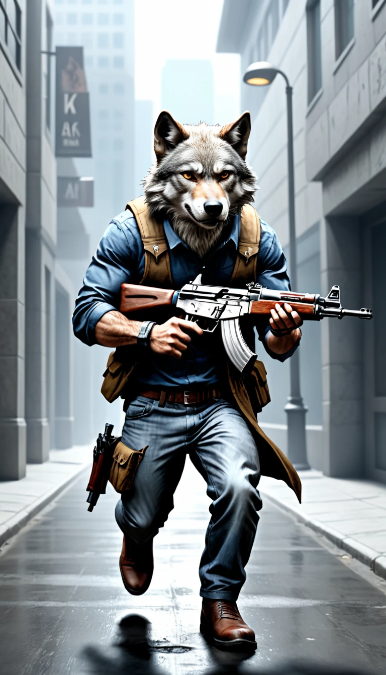 A wolf bank robber rushes towards the audience with an AK47, detailed, Practical, 8K Ultra HD, high quality