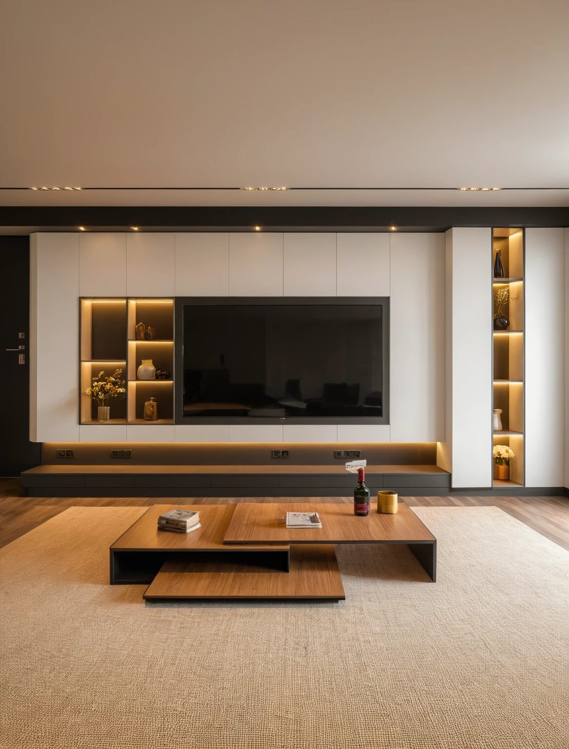 Raw photo,Masterpiece, high quality, best quality, authentic, super detail, interior , sunset, daylight, Modern style living room, TV cabinet, TV, decorative cabinet, books, flower vases, decor, bottles, statues, tea table, tray, wine bottle, rubik, open book, carpet, wooden floor