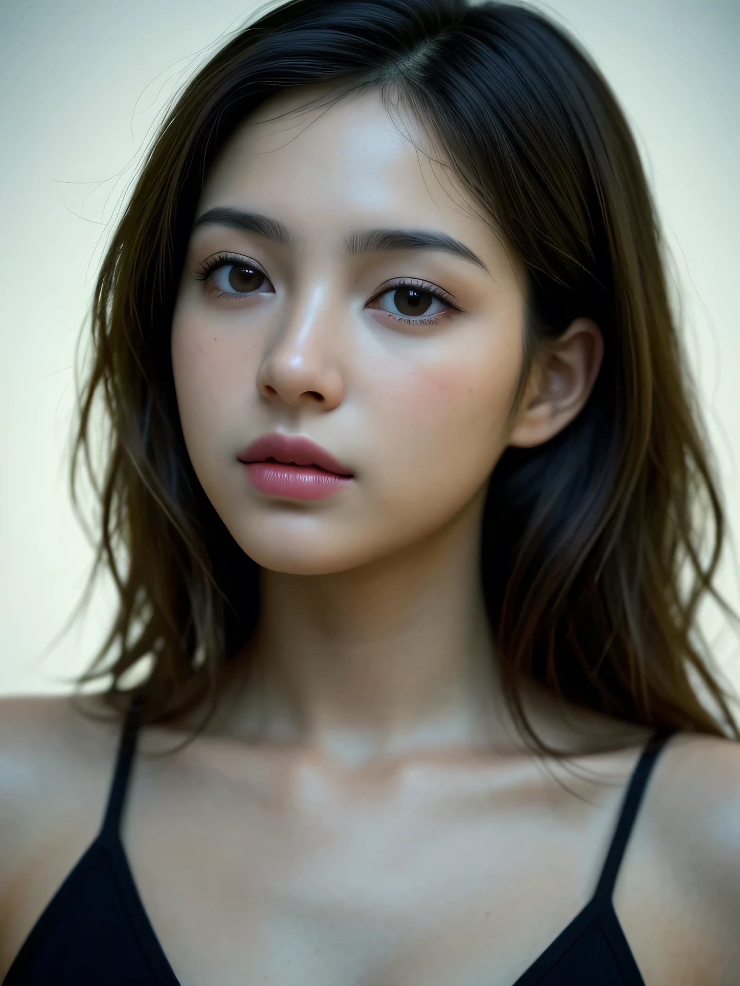 (Photo Real:1.4), (hyper realisitic:1.4), (Smooth lighting:1.05), 1 girl, melancholy, looking away, Close-up of the face, Soft lighting, Back lighting, (Finest Real Textured Skins), Super fine face, glowy skin, retinas, Anatomically correct, acurate, (Wavy medium Hair:1.1), Textured skin, High quality, high details, Best Quality, High resolution,