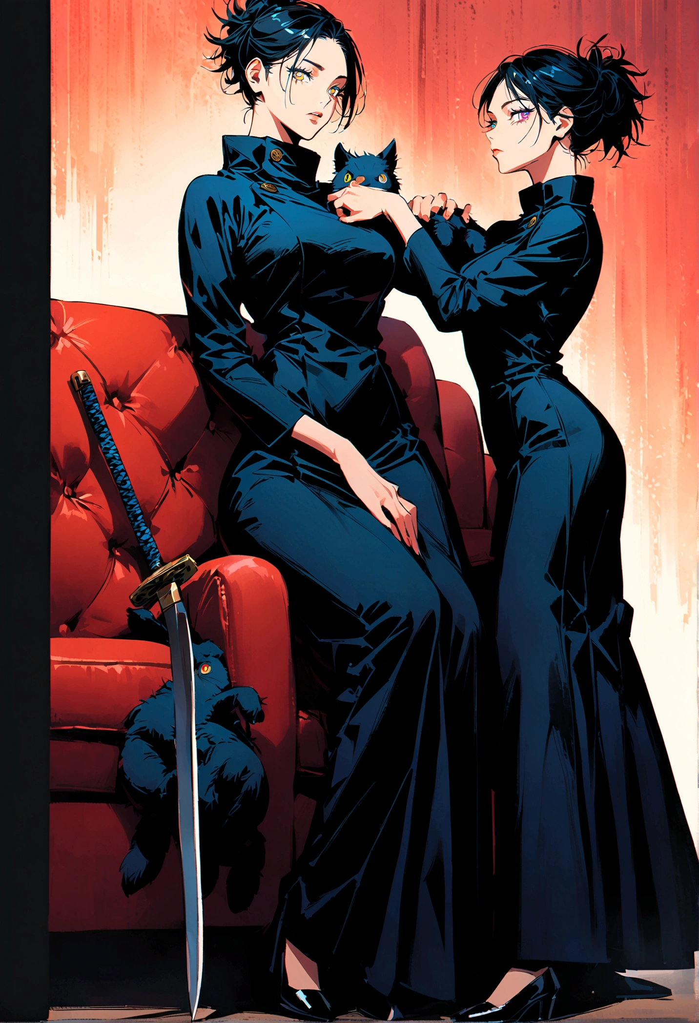 (2 young girls,jujutsu kaisen),twins, sitting on a couch holding a stuff animal, standing and holding a sword, two different set of colored eyes, same height, matching dresses, artwork
