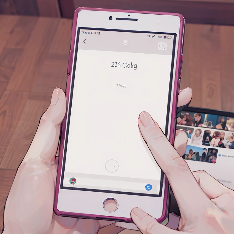 a close-up in the hands of a woman who is holding a smartphone with a white case, the phone screen shows a rede social app, realistic, 8k