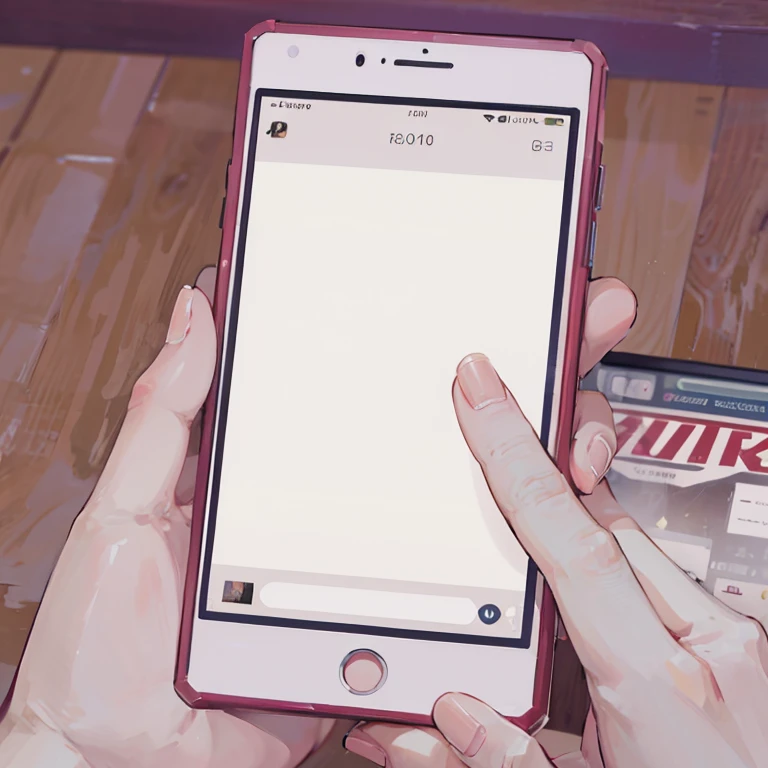 a close-up in the hands of a woman who is holding a smartphone with a white case, the phone screen shows a rede social app, realistic, 8k