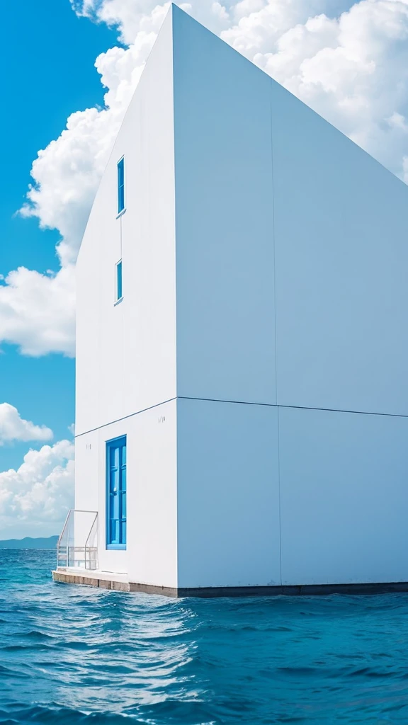 blue sea、A pure white building in the sea、Two pure white clouds in a clear blue sky、A star of blessing from the sky、The stars are made of fine gold and silver.