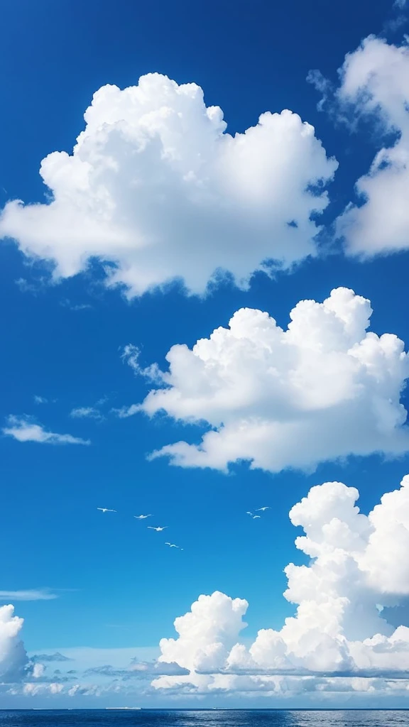 blue sea、A pure white building in the sea、Two pure white clouds in a clear blue sky、A star of blessing from the sky、The stars are made of fine gold and silver.