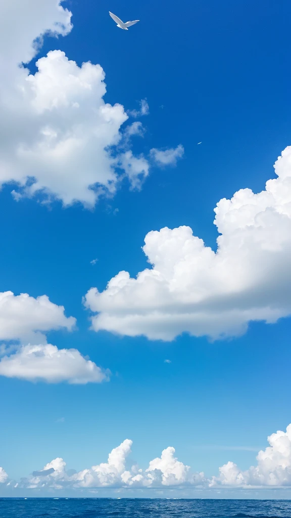 blue sea、A pure white building in the sea、Two pure white clouds in a clear blue sky、A star of blessing from the sky、The stars are made of fine gold and silver.