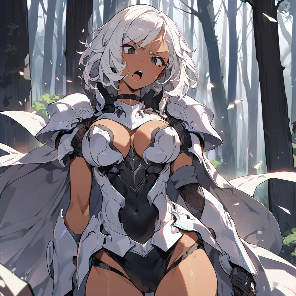(anime style),masterpiece, best quality, extremely detailed,18Years old,tanned skin,dark skin, Beautiful body,rarge press,BREAK,multicolored colorful white hair,shaggy hair,very short hair,BREAK,black eyes,black choker,dignified face,angry face,open mouth,detailed lips,,BREAK,with vertical stripes sweater,ripped Princess knight light armor,break,head tilt,in the woods,dash jump,strong wind,