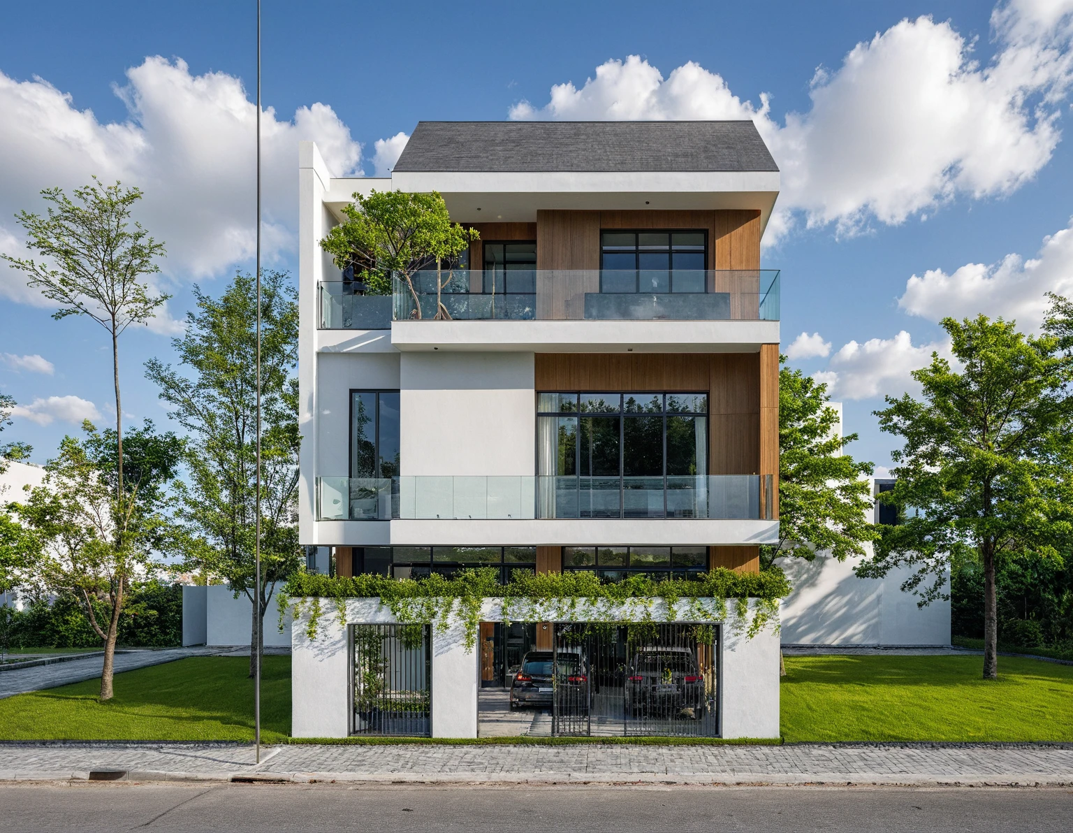 Masterpiece, high quality, best quality, authentic, super detail, outdoors, onestoreyvillaXL, aiaigroup, house style modern on the street ,stairs, white wall ,road,pavement, grass, trees, sky, cloud, (daylight:1.1)