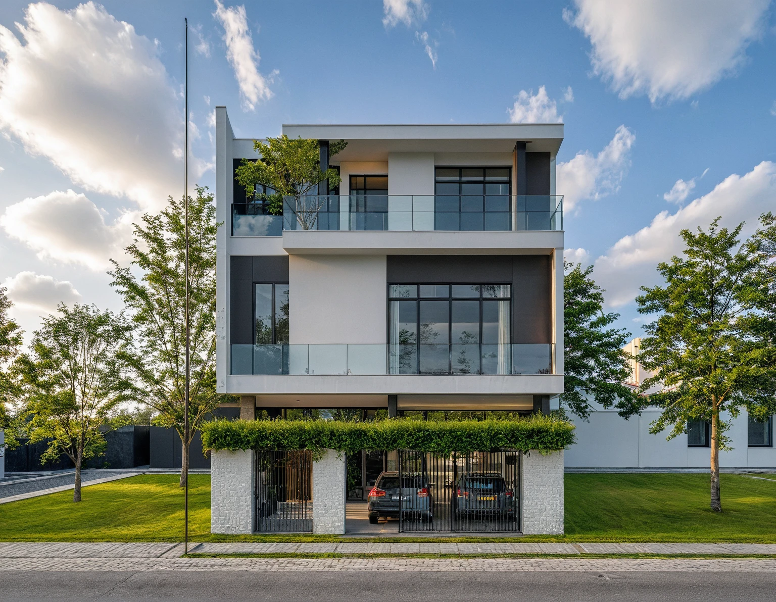 Masterpiece, high quality, best quality, authentic, super detail, outdoors, onestoreyvillaXL, aiaigroup, house style modern on the street ,stairs, white wall ,road,pavement, grass, trees, sky, cloud, (daylight:1.1)