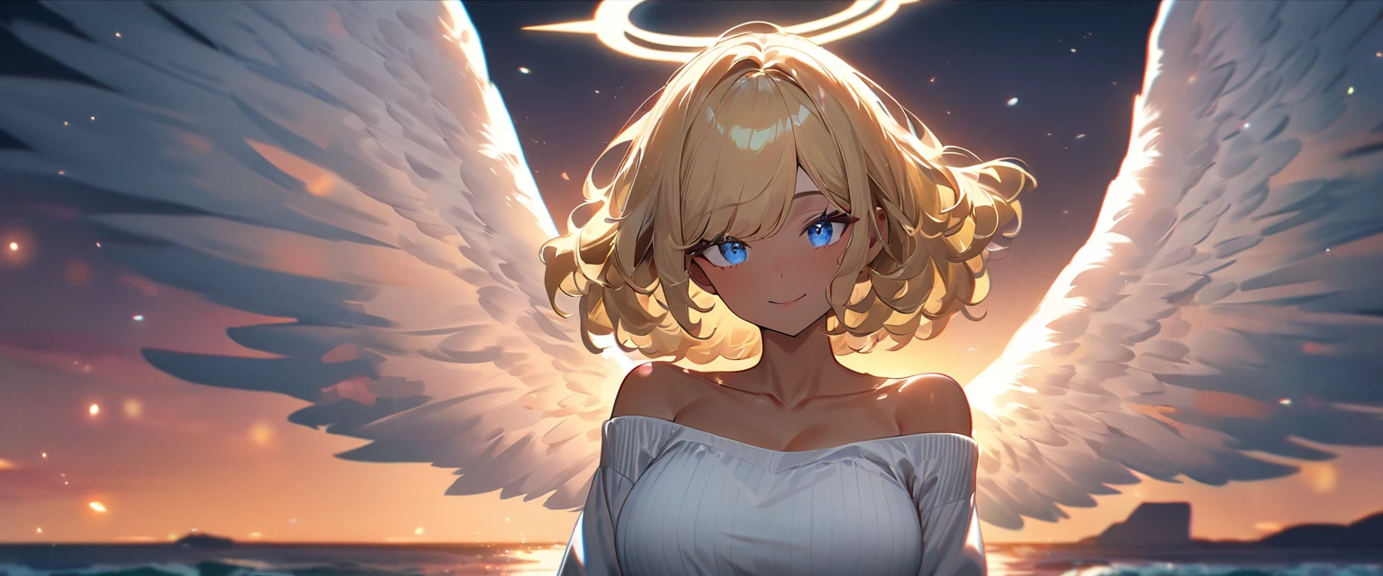 (((One girl))), full body, ((tanned skin)), flying in the sky, bare legs, ((angel, big big white wings:1.2, halo:1.3)), ((wavy hair)), evening, Sunset, sea, beach, ((blond hair, bob cut:1.3)), big breasts, teenager, (looking at viewer), oversized clothes, puffy long sleeves, collarbone, ((off-shoulder sweater dress:1.3, Quite thick shoulder straps)), (((sleeves past wrists:1.3))), ((white sweater)), collarbone, head tilt:1.3, (((blue eye))), ((happy smile)), (((anime style))), (best quality, 4K, 8K, highres, masterpiece:1.2, ultra-detailed, ultra-detailed eyes, HDR, uhd, studio lighting, ultra-fine painting, sharp focus, physically-based rendering, extreme detail description, professional, vivid colors, bokeh), ((Highest quality, Best image quality, Ultra-high resolution, Ultra-high resolution, solo, Strong eye highlights)), Depth of written boundary, Natural soft light, attractive, Beautiful Face, Cleanliness, Pure Face, medium chest, Beautiful Face, Perfect Fingers, Perfect hands, Perfect body, Perfect Face, Shine a light into your eyes, Perfect Anatomy