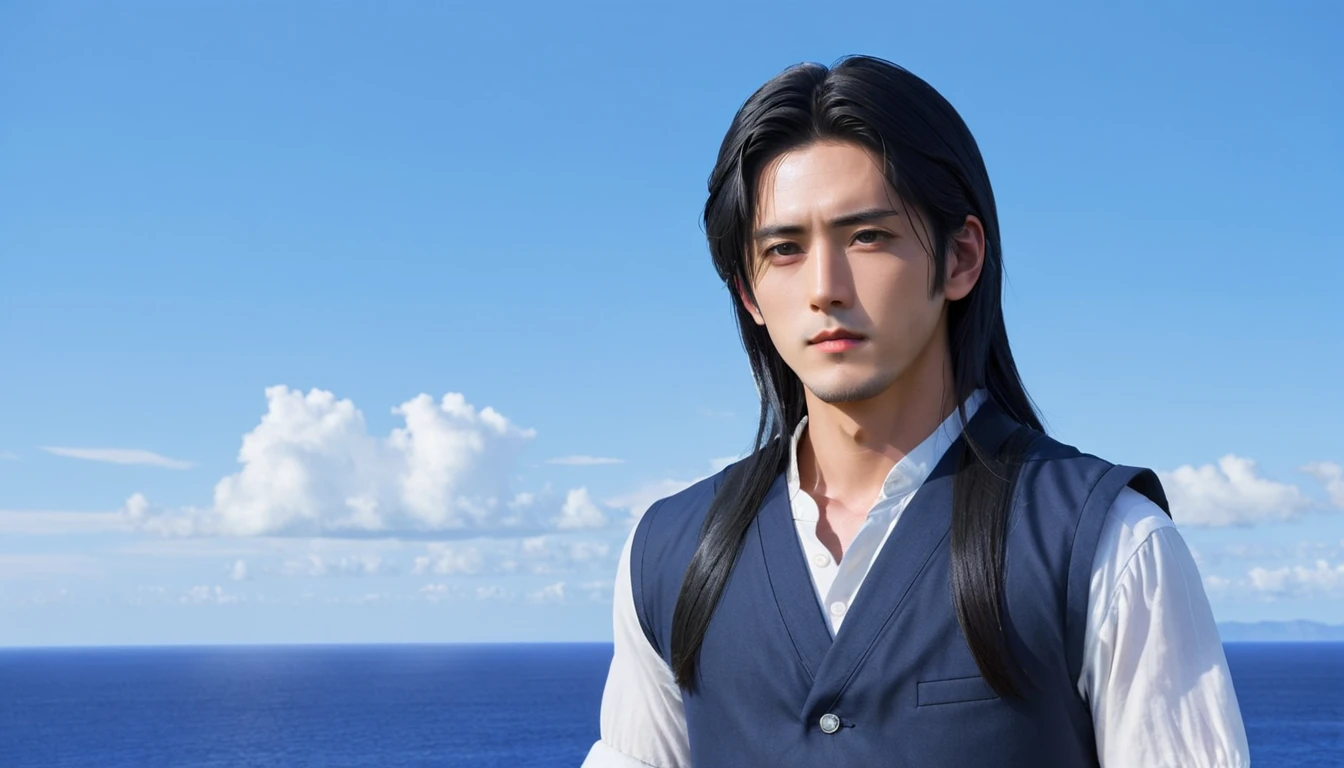 a young man with long black hair and a vest on standing in front of the ocean with a blue sky, (1 woman:0.955), (forehead:0.575), (black eye:0.572), (black hair:0.709), (blue sky:0.985), (closed mouth:0.536), (cloud:0.927), (afternoon:0.980), (horizon:0.816), (japanese clothes:0.511), (Lips:0.764), (long hair:0.775), (looking at viewer:0.811), (nose:0.534), (ocean:0.950), (outdoors:0.734), (realistic:0.814), (sky:0.988), (alone:0.937), (upper body:0.557), (water:0.600)