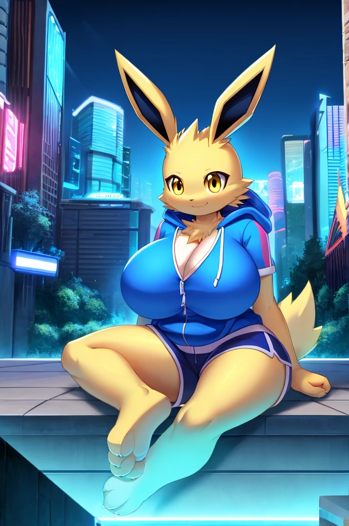 Jolteon, sfw, anthro, young, yellow body fur, yellow eyes, detailed body fur, detailed face, detailed eyes, hourglass figure, smooth body, huge thighs, huge , masterpiece, high quality, sitting, cyber city, electric, clear sky, :3, full body