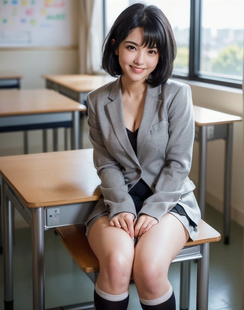 ((8K, RAW Photos, Highest quality, masterpiece), High-resolution RAW color photos、Professional close-up photography, (Realistic, Photorealism: 1.37), (Highest quality), (Best Shadow), (Best illustrations), clavicle ((big)), ((erotic, sexy, Ultra-high resolution, High quality CG integrated 8K wallpaper, Physically Based Rendering, Cinema Lighting), (aegyo sal:1), 18-year-old girl, (Grey blazer, ribbon, socks, High School Uniform: 1.2), High school classroom, Beautiful details in the eyes, Light on the face, ((Full Body Shot: 1.2)), Particularly strong light, (Upward glance, Grinning smile:1.2),Shiny skin, (((Black Hair, Bob Hair:1.2))), ( Thick thighs), Urzan-6500-v1.1:0.2, shy, (flash:1.2), Browsing Caution , (Puffy), ((Seductive posture: 1.2, Charm: 1.2)), (Idol), (sitting at a desk in the classroom: 1.2)), ((Excellent anatomy: 1.2)), ((Bright and refreshing classrooms, The background is blurred: 1.2)), Perfect Face, Cute face, (High angle shot:1.2)