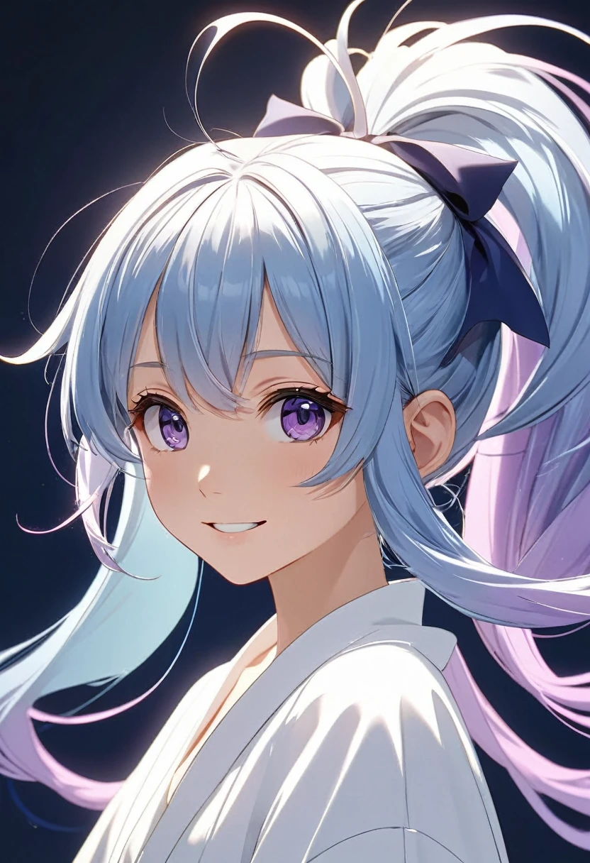     Beautiful light blue hair with light purple ends. An anime girl with double ponytails and a big hairband. Wearing a white robe, she looks back at a happy and lively anime girl. (Shut up)Standing closeup on simple abstract dark blue background( perfect anatomy )

               Beautiful and extremely fine texture，detailed, bright, High-quality animation style presentation