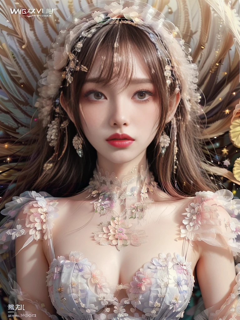 4K Ultra HD, masterpiece, girl, Nice face, Fine grain, Detailed lips,(((Whitening 1.5))) Flower fairy girl, Big Wings, Transparent feathers, Neon Light, (Galaxy Background:1.5), (Floral Dress:1.8), (White Dress:1.5), In heaven,A gentle smile(((ファションMagazine Cover 1.5)))(((Magazine Cover 1.5)))