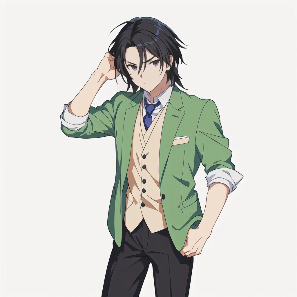 Highest quality, high resolution, High quality anime art style, Official Art, Smooth anime CG art, Stylized anime, Visual Novel Sprites, White background, whole body, Anime-style 3D, Smooth anime CG art, Humanoid Male, criminal, Man in suit and tie, Tough-faced man, Man in grey suit, Long face, Black Hair, Short Hair, Narrow eyes,Slender, 30 years old,