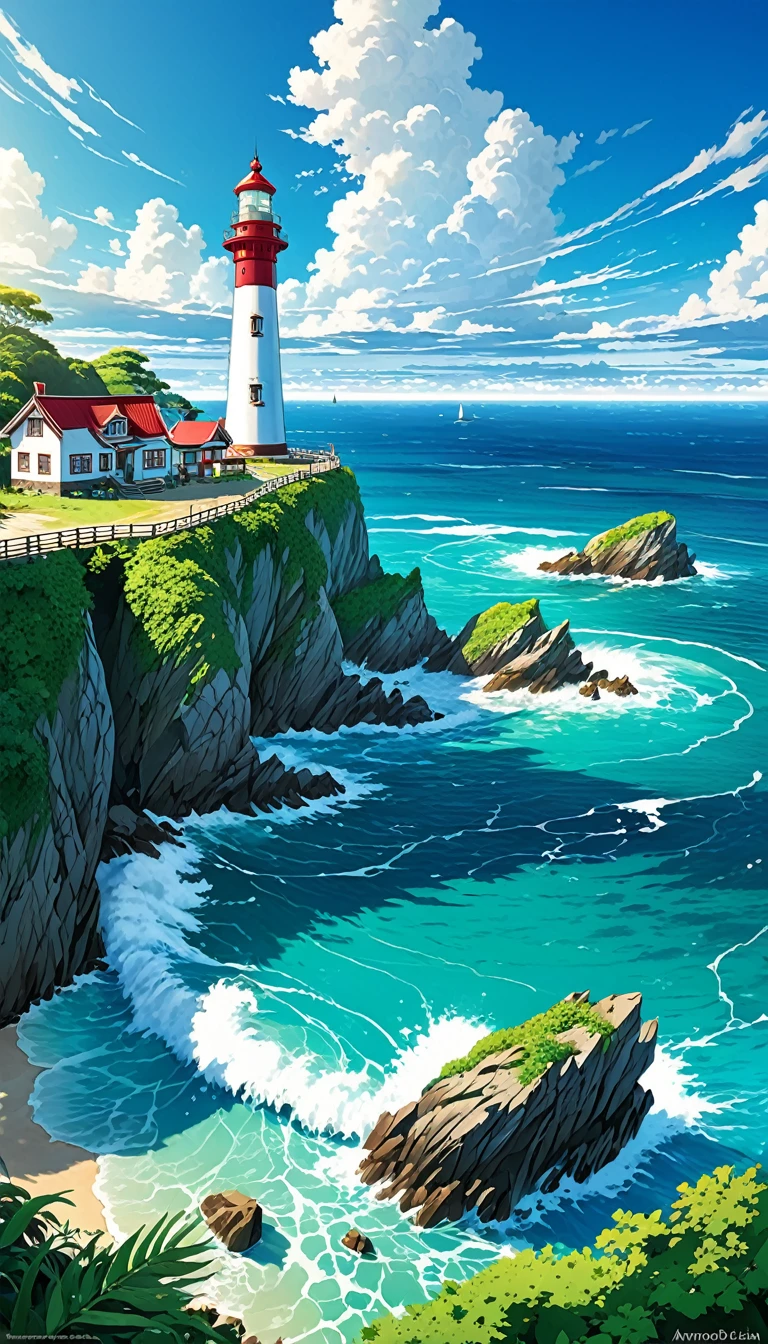 The ocean is right in front of you、Tropics、Ocean、ocean shore、cliff、Bungalow、Resort、turquoise blue、Emerald green、sunshine、water surface、rock、cloud、blue sky、buzzer、Paradise、beautiful、vivid、nature、trip、vacations、beautiful Anime Scenery, Landscape painting, Lighthouse, Beautiful digital painting, andreas rocha, Beautiful artwork illustration, Awesome Wallpapers, Raymond Han, tall beautiful painting, Studio Greebly New Ocean Makoto, Beautiful Wallpaper, Anime Scenery
