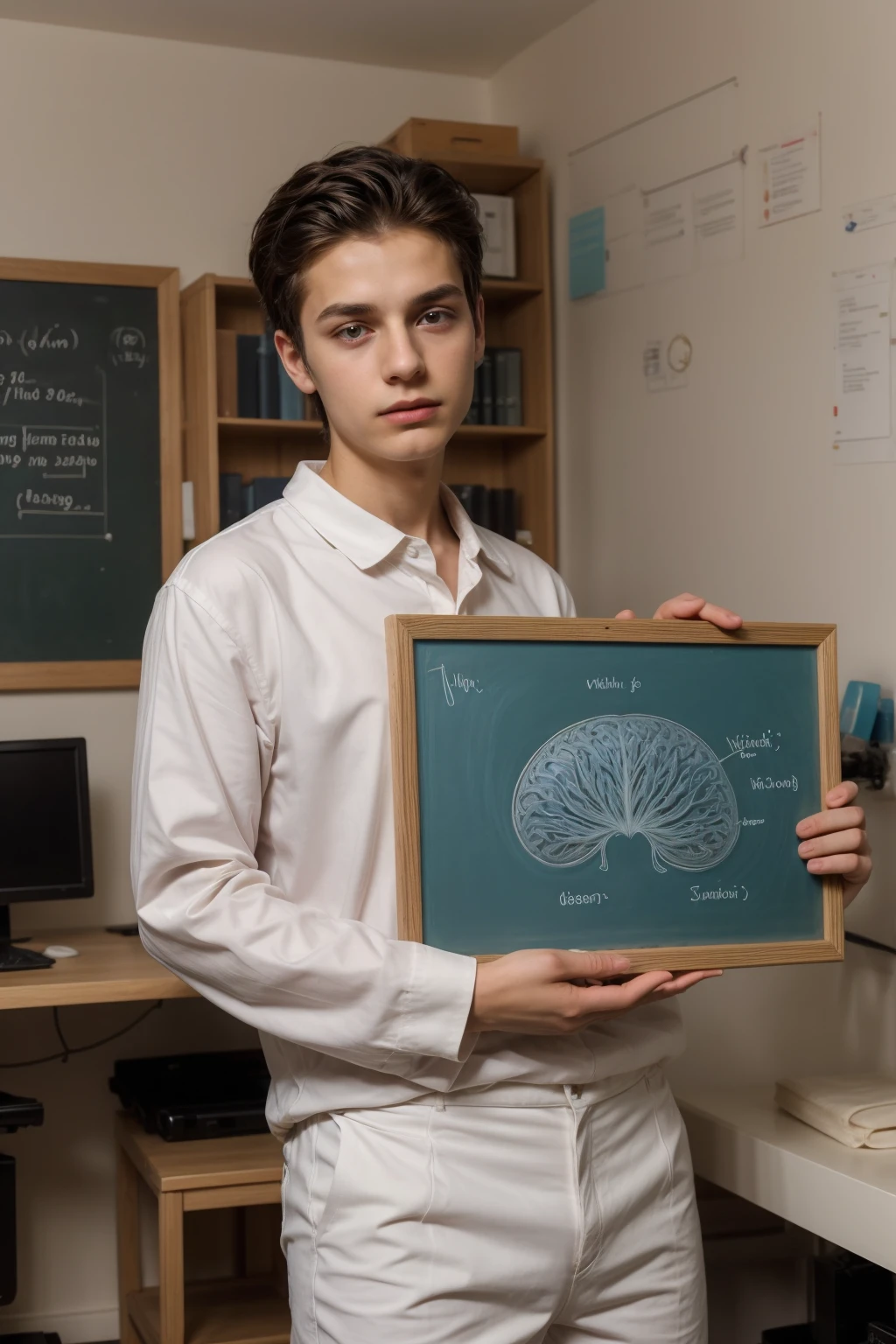 A beautiful young male twink with a face with reddish makeup. He has black hair. He is wearing a long-sleeved, white shirt and aqua blue pants. He is in his scientific office, and behind him is a blackboard with the shape of the brain and its anatomy written on it, and next to him is the shape of the heart and its anatomy. He looks in amazement and shock.