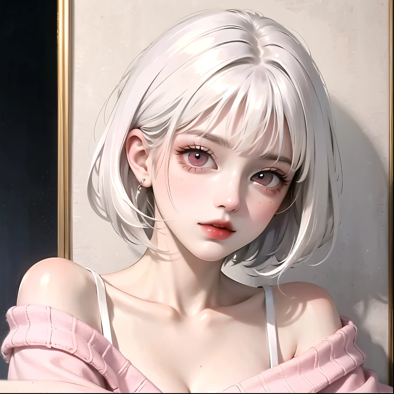 ((best quality)), ((masterpiece)), (detailed), 1girl, white hair. Short hair. Pink eyes. Cleavage. Off shoulder sweater.