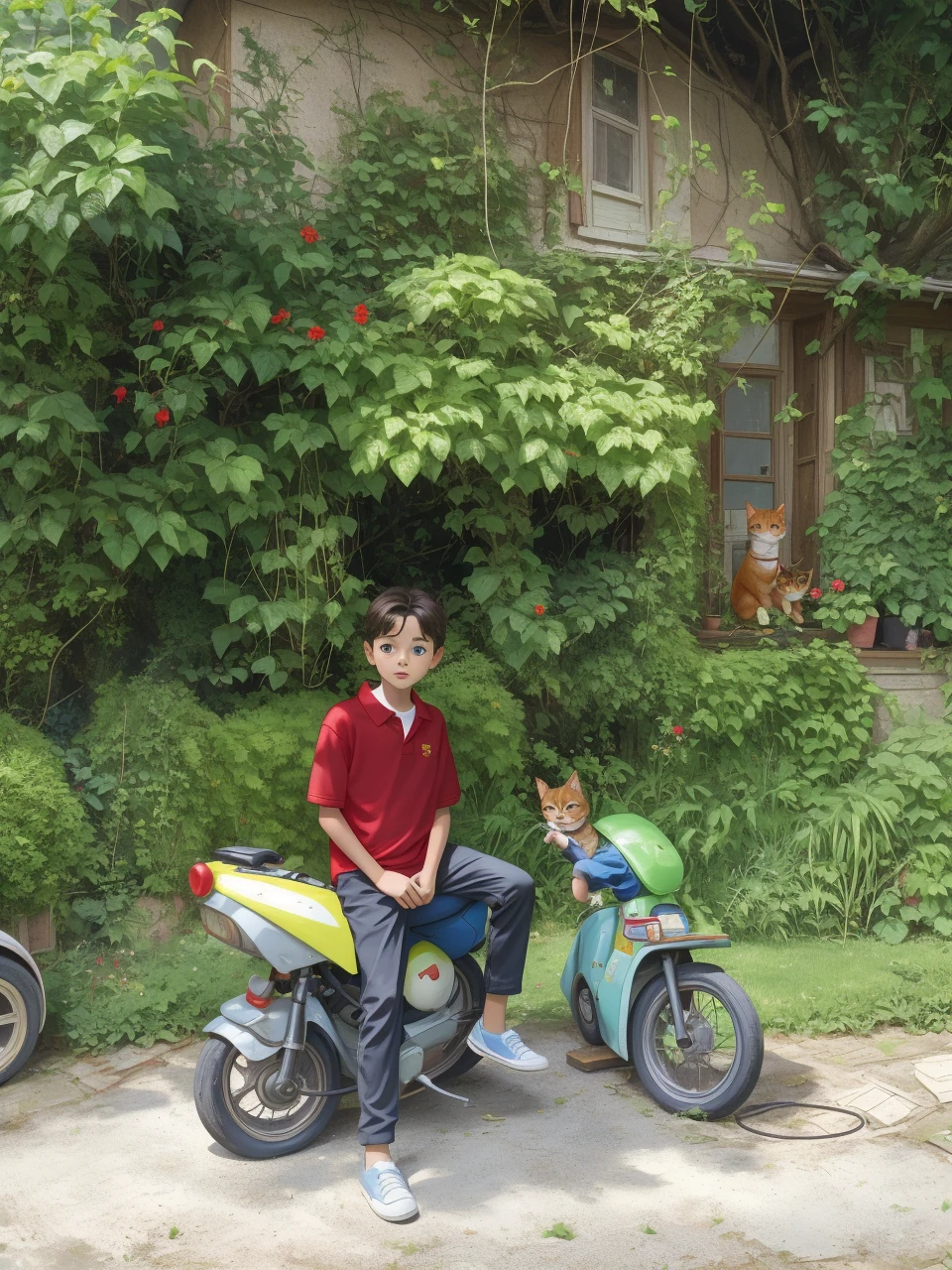 Realistic portrait of a seven-year-old boy, He wears a red shirt . His face is childish and exploratory . He goes out cautiously into the garden of the house, A small cat is among the bushes and he touches it cautiously ,Not facing the camera,, Hair is untidy ,