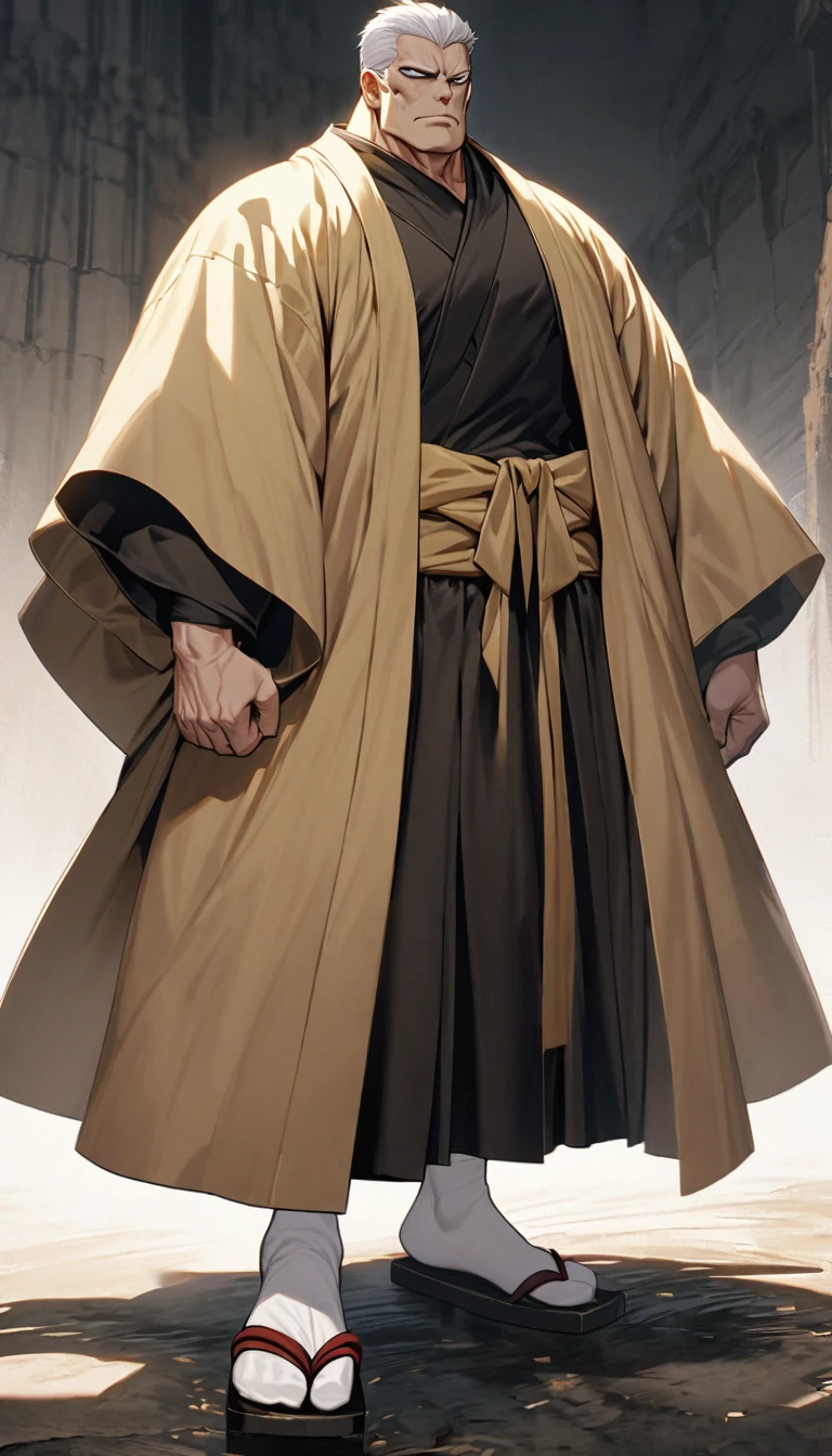 was a towering man with a powerfully muscular physique, imposing features, short white hair, and faded white eyes that showed no sense of feeling. He usually wore a gold-colored kāṣāya garment over black yukata robes. His monk attire is completed with white tabi socks and zōri sandals.