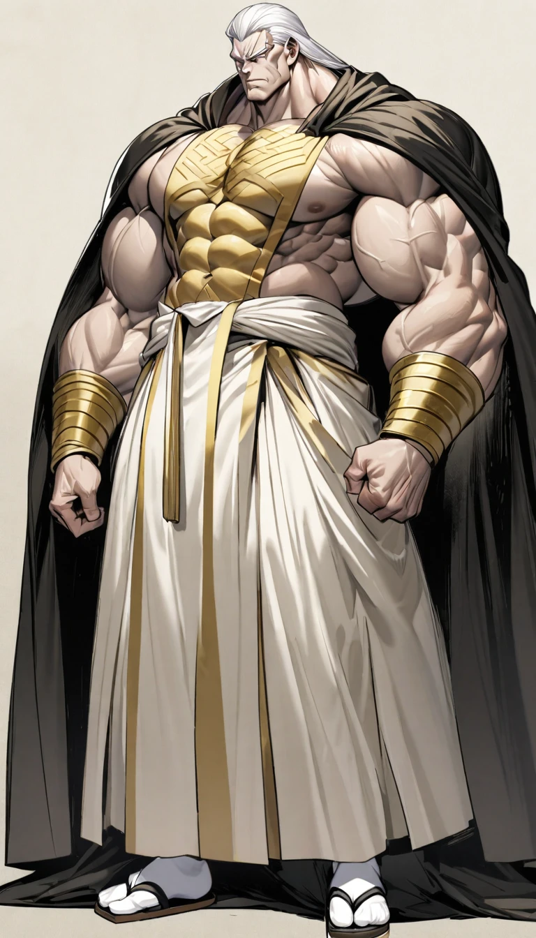 was a towering man with a powerfully muscular physique, imposing features, short white hair, and faded white eyes that showed no sense of feeling. He usually wore a gold-colored kāṣāya garment over black yukata robes. His monk attire is completed with white tabi socks and zōri sandals.