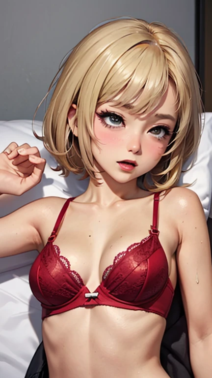 ((Browsing Caution:1.4, masterpiece, Highest quality, High resolution, 超High resolution, Pixel perfect, Written boundary depth, 4K, RTTX10.0, High resolution))), One Girl, single, alone, she, Beautiful Anime Girls, Beautiful art style, Anime characters, (((((short hair、Blonde、lure))))), ((Beautiful eyelashes)), ((Detailed face, Blushing:1.2)), ((Smooth texture:0.75, Realistic texture:0.5, Anime CG Style)), ((Beautiful and large breasts, Cleavage)), indoor, Bedroom, Dynamic Angle, Big Breasts, Perfect body, Underarm, ((Sleeping in bed, (Sleep on your back:1.5), sleepy, close your eyes, Lying in bed, Sleeping posture, Wake up)), ((close, throw, cute, Shoot the body, Sighing expression)), ((red bra color, Red Lingerie)), (Natural light, Reflection of light, Morning Scenery), Embarrassed expression, (Expression of sexual pleasure:1.8), (Expression of unbearable pain:1.2), The expression of someone who is holding back from going to the toilet, twist, Raise your hand